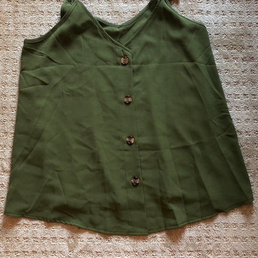 Army Green Silky Button Tank Top
